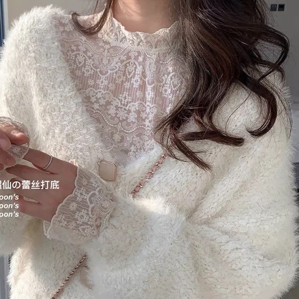 Lace blouse top floral womens long sleeve cream white - Picture 7 of 7